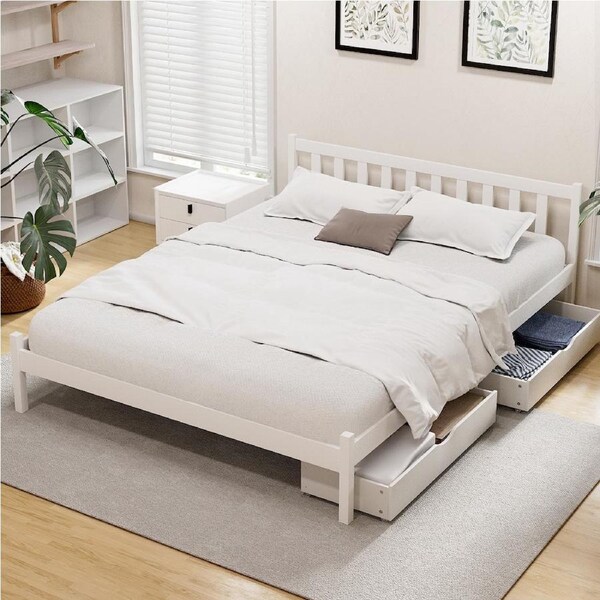 Artiss Bed Frame Double Size Wooden Base with 2 Drawers(White) Double with Drawers