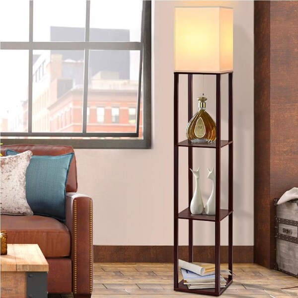 Artiss Floor Lamp Shelf Tripod Modern LED Storage Shelves Stand Reading Light Chocolate with white shade