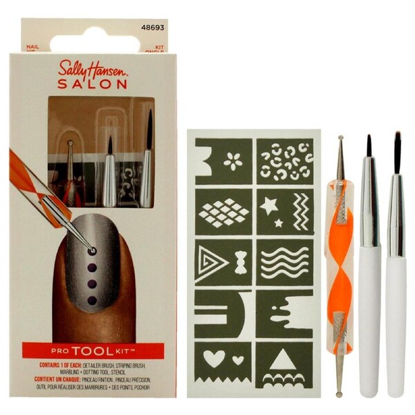 Salon Pro Tool Kit by Sally Hansen for Women - 3 Pc Marbling Plus Dotting Tool, Detailer Brush, Striping Brush 3 Pc