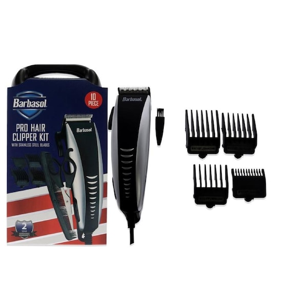 Pro-Hair Clipper Kit by Barbasol for Men - 10 Pc Pro Hair Clipper, Scissors, Deluxe Travel Case, 4 Guide Combs (3mm, 6mm,9mm,12mm), Large Comb, Blade Oil and Cleaning 10 Pc