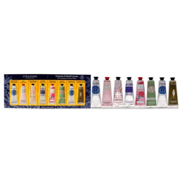 Fantastic 8 Hand Creams Kit by LOccitane for Unisex - 8 x 1 oz Shea Dry Skin, Rose, Cherry Blossom, Lavender, Pivoine Flora, Almond, Verveine Cooling Hand Cream Gel 8 x 1 oz