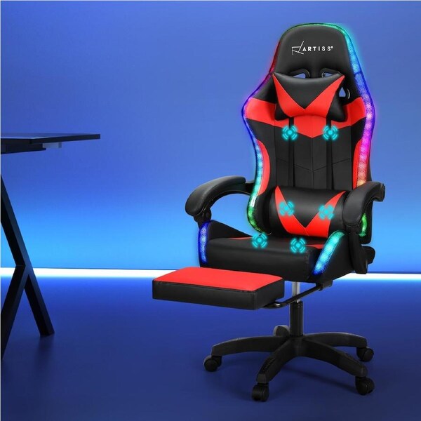 Artiss Massage Gaming Chair Office Chairs Executive High Back Led Light Footrest Red & Black