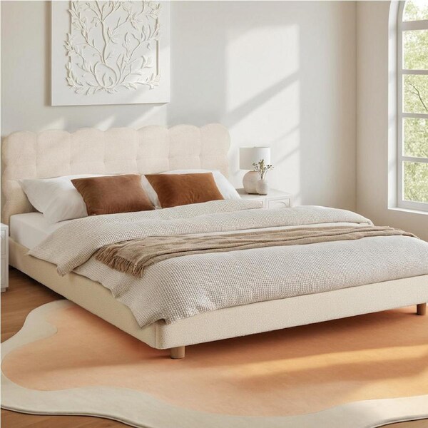Artiss Double King Single Queen Bed Frame Cloud Headboard Boucle Fabric Mattress Platform Base Beige Queen
