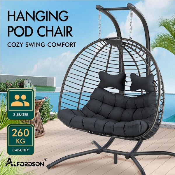 ALFORDSON Outdoor 2 Seater Egg Chair Wicker Rattan Pod Basket Hanging Swing Dark Grey