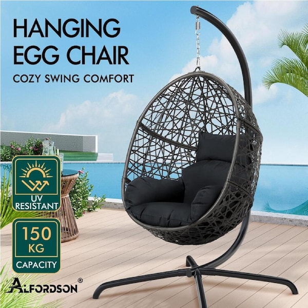 ALFORDSON Outdoor Egg Swing Chair Wicker Rattan Pod Basket Hanging Seat Dark Grey