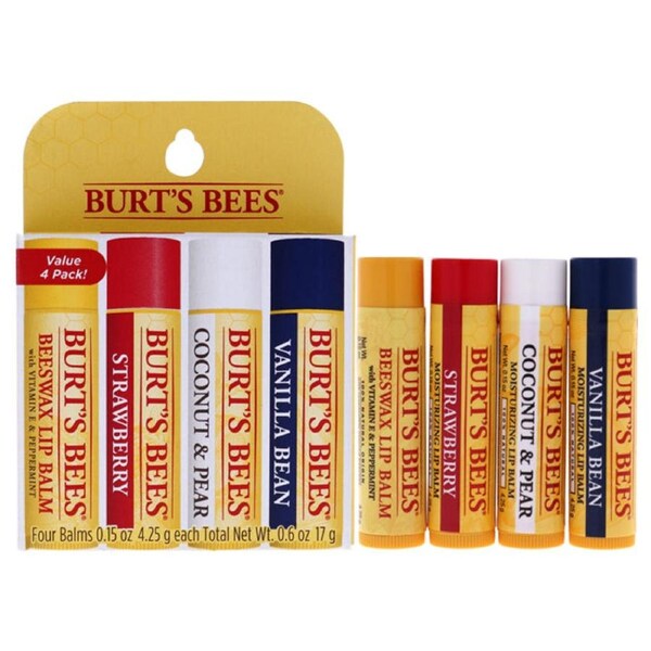 Best Of Burts Moisturizing Lip Balm Set by Burts Bees for Unisex - 4 Pc 0.15oz Lip Balm Beeswax, 0.15oz Lip Balm Strawberry, 0.15oz Lip Balm Coconut and Pear, 0.15oz Lip Balm Vanilla Bean 4 x 0.15 oz