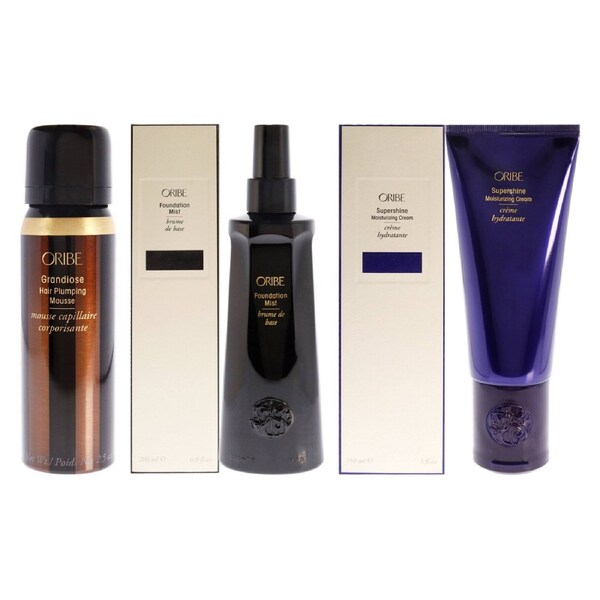 Foundation Mist and Grandiose Hair Plumping Mousse and Supershine Moisturizing Cream Kit by Oribe for Unisex - 3 Pc Kit 6.8oz Mist, 2.5oz Mousse, 5oz Cream 3 Pc Kit