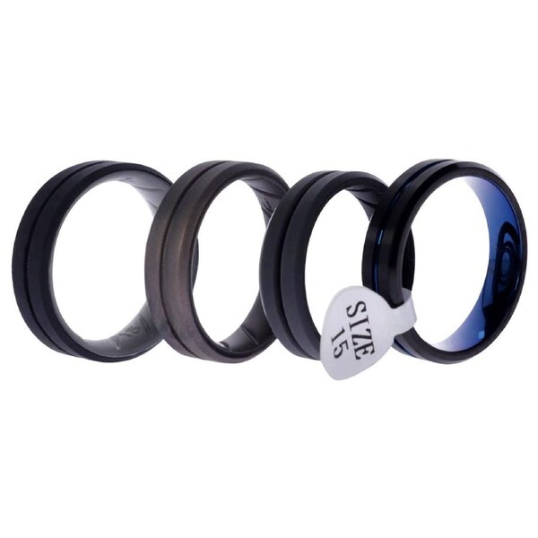 Silicone Wedding Ring BR Twin Middle Line Wedding Ring Set by ROQ for Men - 4 x 15 mm Bronzer, Black-Blue, Black, Grey 4 x 15 mm