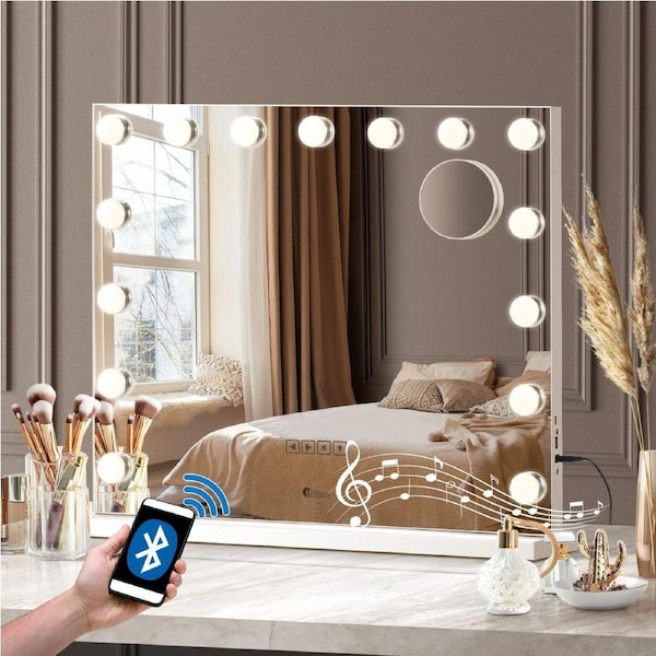 Oikiture 59cm/60cm/80cm Bluetooth Hollywood Makeup Mirror LED Bulbs Vanity Wall Mirrors 59cm x 48cm