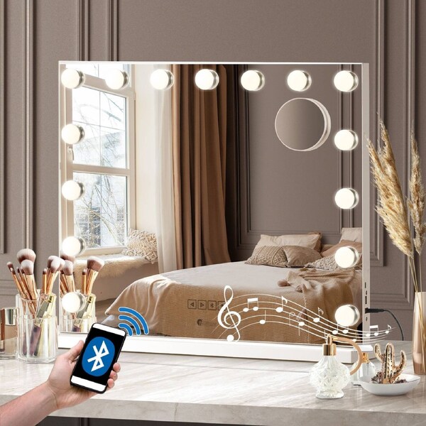 Oikiture 59cm/60cm/80cm Bluetooth Hollywood Makeup Mirror LED Bulbs Vanity Wall Mirrors 60cm x 52cm