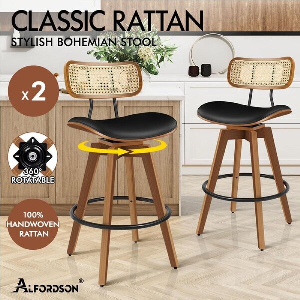 ALFORDSON Bar Stools Kitchen Counter Vintage Rattan Dining Chair X2/X4 Samantha - Black x 2