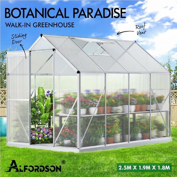 ALFORDSON Greenhouse Aluminium Green House Polycarbonate Garden Storage Shed Model B - 2.5x1.9x1.8m