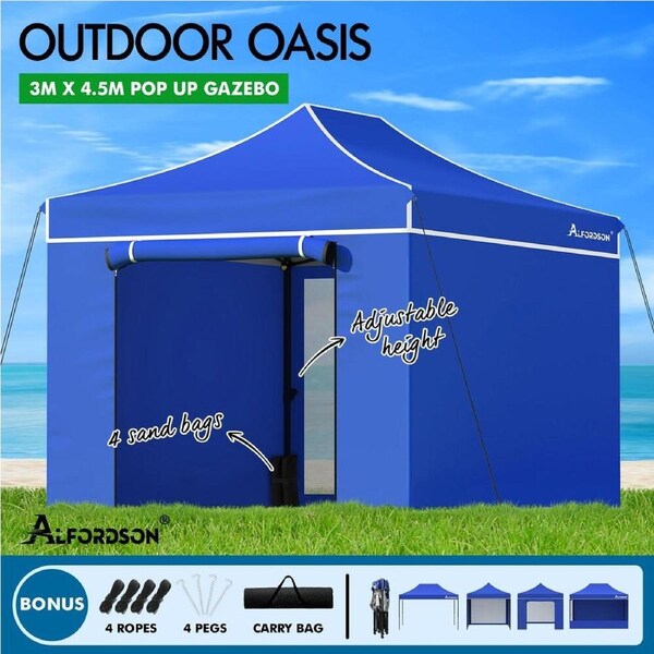 ALFORDSON Gazebo 3x4.5m Pop Up Marquee Outdoor Folding Tent Wedding Party Canopy Oxford A - Blue + 6 walls