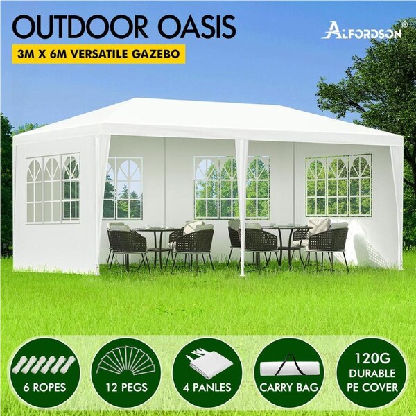 ALFORDSON Gazebo 3x6m Pop Up PE Mesh Marquee Outdoor Folding Tent Wedding Canopy PE - White + 4 Walls