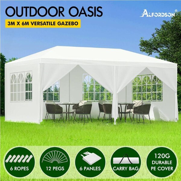ALFORDSON Gazebo 3x6m Pop Up PE Mesh Marquee Outdoor Folding Tent Wedding Canopy PE - White + 6 Walls