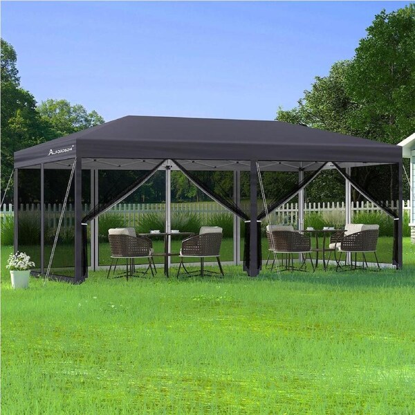 ALFORDSON Gazebo 3x6m Pop Up PE Mesh Marquee Outdoor Folding Tent Wedding Canopy Oxford B - Grey with mesh walls