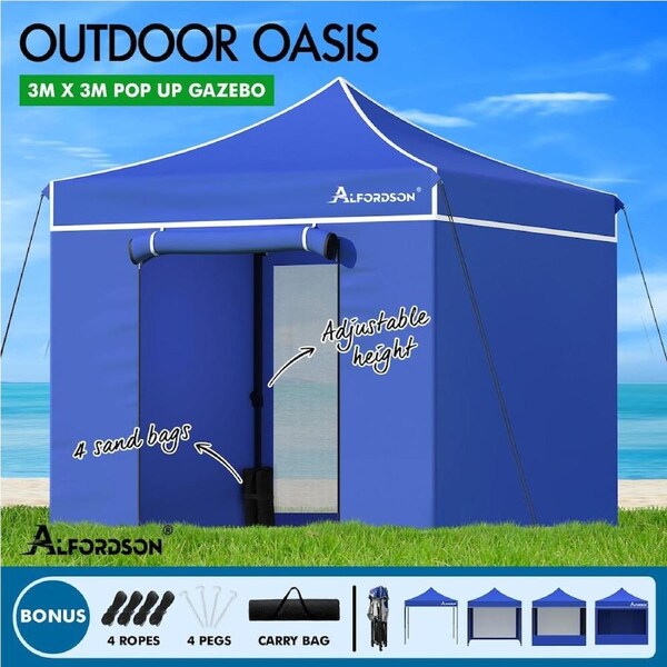 ALFORDSON Gazebo 3x3m Pop Up PE Mesh Marquee Outdoor Folding Tent Wedding Canopy Oxford A - Blue + 5 Walls