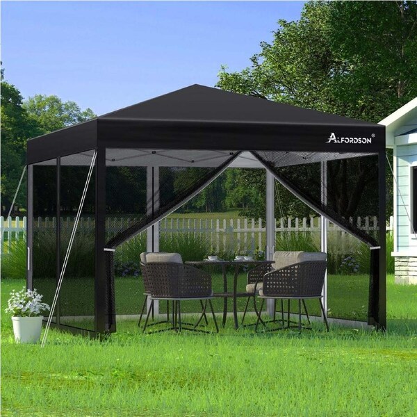 ALFORDSON Gazebo 3x3m Pop Up PE Mesh Marquee Outdoor Folding Tent Wedding Canopy Oxford B - Black with mesh walls