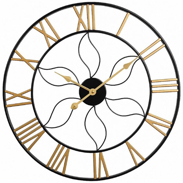 Salesbay 60cm Silent Roman Numerals Wall Clock Retro Metal Vintage Décor 2 Color Black Frame with Gold Numerals & Hands
