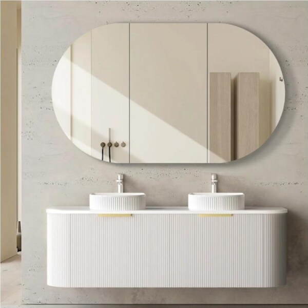 1500*460*450mm OTTI Bondi Stain White High Moisture Resistant Plywood Curve Fluted Bathroom Cabinet Wall Hung Vanity Size:1500*460*450mm | Top:Cabinet Only | Handle:Matt Black