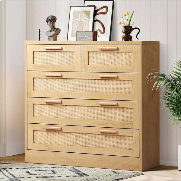 ALFORDSON Chest of Drawers Hamptons Storage Dresser Tallboy Buffet Rattan C - 5 Drawers(Wood)