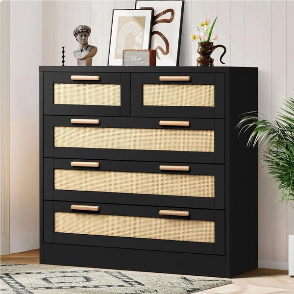 ALFORDSON Chest of Drawers Hamptons Storage Dresser Tallboy Buffet Rattan C - 5 Drawers(Black)