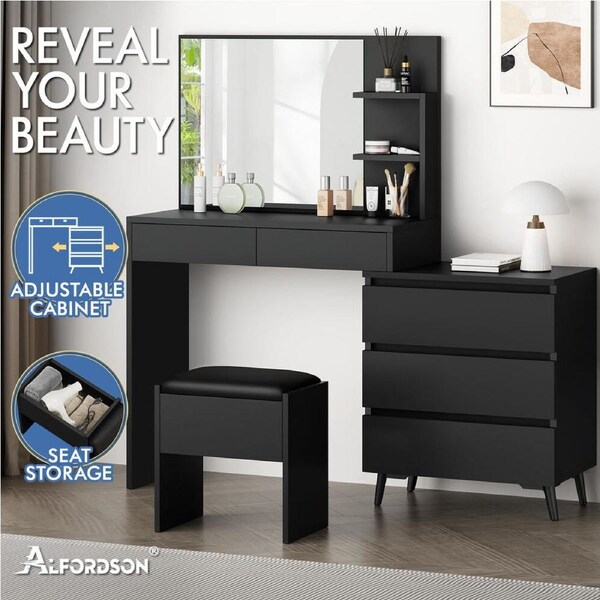 ALFORDSON Dressing Table Stool Set Makeup Mirror Vanity Desk Side Cabinet Black