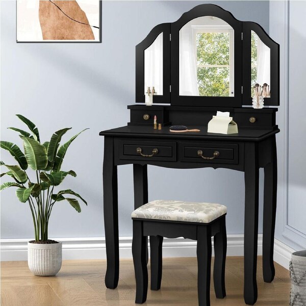 ALFORDSON Dressing Table Stool Set Makeup Foldable Mirror Vanity Desk Chair Black