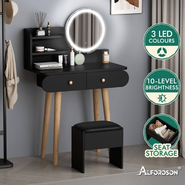 ALFORDSON Dressing Table Stool Set Makeup Mirror Vanity LED Light White Oak Black