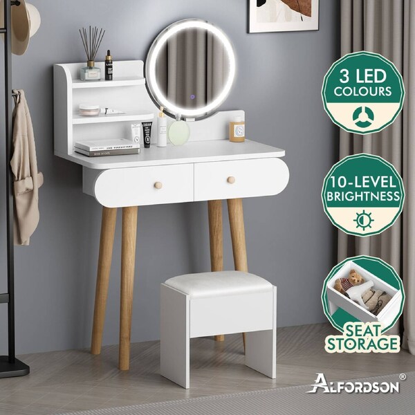 ALFORDSON Dressing Table Stool Set Makeup Mirror Vanity LED Light White Oak White