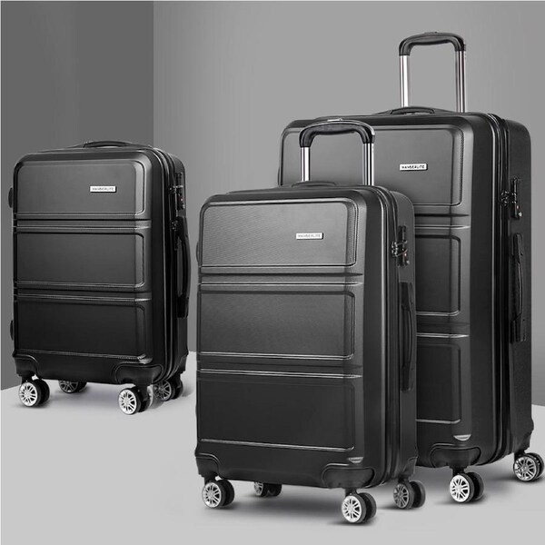 Wanderlite Luggage 3pc Trolley Set Suitcase 20" 24" 28" Travel TSA Hard Case Lightweight Black