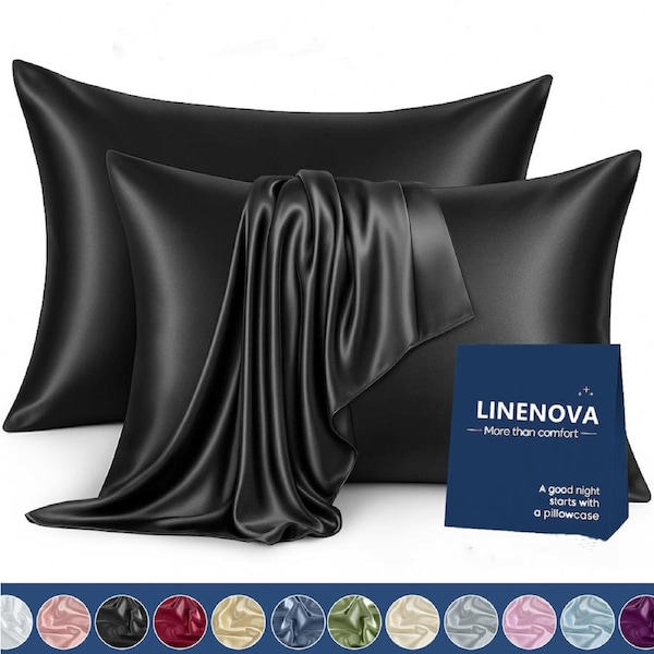 LINENOVA Silky Satin Pillowcases Luxury Soft Standard Pillow Covers Twin Pack 48x74cm 12 Colors Silver Grey