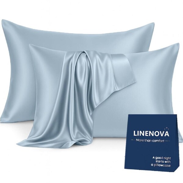 LINENOVA Silky Satin Pillowcases Luxury Soft Standard Pillow Covers Twin Pack 48x74cm 12 Colors Silver Blue