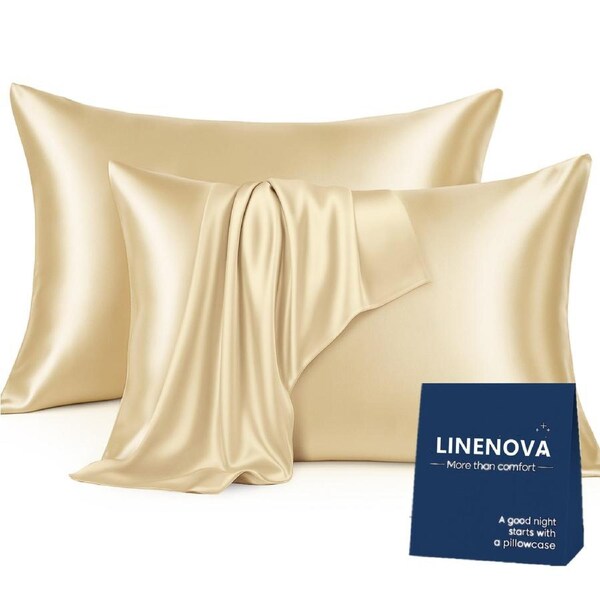 LINENOVA Silky Satin Pillowcases Luxury Soft Standard Pillow Covers Twin Pack 48x74cm 12 Colors Champagne