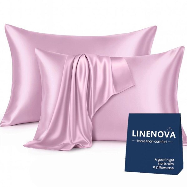 LINENOVA Silky Satin Pillowcases Luxury Soft Standard Pillow Covers Twin Pack 48x74cm 12 Colors Blush