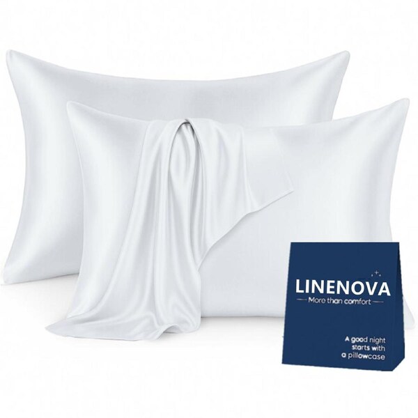 LINENOVA Silky Satin Pillowcases Luxury Soft Standard Pillow Covers Twin Pack 48x74cm 12 Colors Pure White