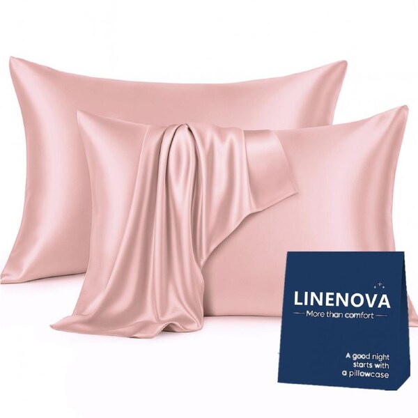 LINENOVA Silky Satin Pillowcases Luxury Soft Standard Pillow Covers Twin Pack 48x74cm 12 Colors Dusty Rose