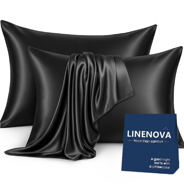 LINENOVA Silky Satin Pillowcases Luxury Soft Standard Pillow Covers Twin Pack 48x74cm 12 Colors Black