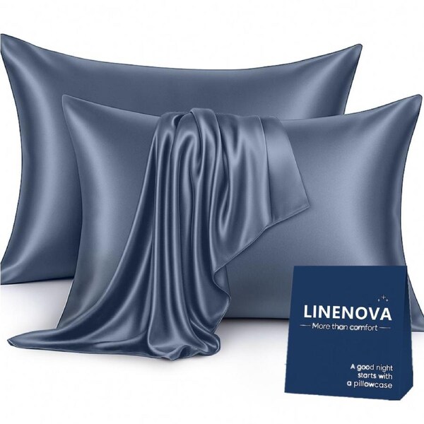 LINENOVA Silky Satin Pillowcases Luxury Soft Standard Pillow Covers Twin Pack 48x74cm 12 Colors Ash Blue