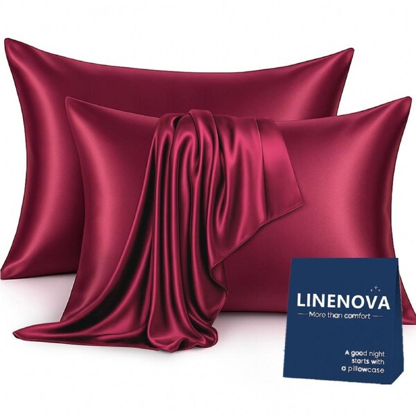 LINENOVA Silky Satin Pillowcases Luxury Soft Standard Pillow Covers Twin Pack 48x74cm 12 Colors Burgundy
