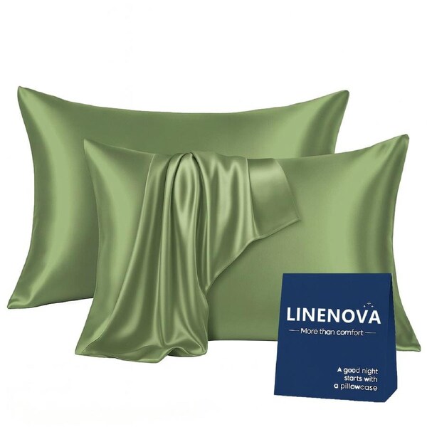 LINENOVA Silky Satin Pillowcases Luxury Soft Standard Pillow Covers Twin Pack 48x74cm 12 Colors Sage Green