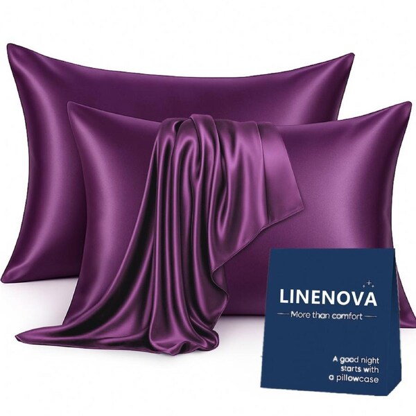 LINENOVA Silky Satin Pillowcases Luxury Soft Standard Pillow Covers Twin Pack 48x74cm 12 Colors Plum Purple