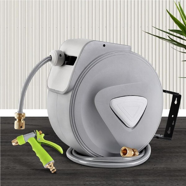 Water Hose Reel 10M Retractable Garden Storage Auto Rewind Spray Gun Wall Mount 20M-Metal Spray Gun