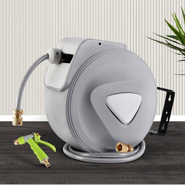 Water Hose Reel 10M Retractable Garden Storage Auto Rewind Spray Gun Wall Mount 30M-Metal Spray Gun
