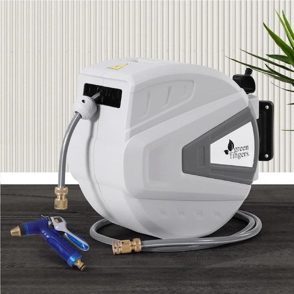 Water Hose Reel 10M Retractable Garden Storage Auto Rewind Spray Gun Wall Mount 30M-Green Fingers Metal Spray Gun