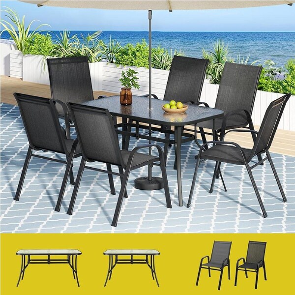 Gardeon 5-7PCS Outdoor Dining Set Table and Chairs Patio Furniture Garden Bistro Set Black/Grey Black (Table 140cm) / 7