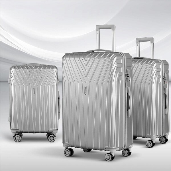 Wanderlite 3pc Luggage Trolley Set Suitcase Travel TSA Hard Case Carry On Black 20+24+28 / Silver