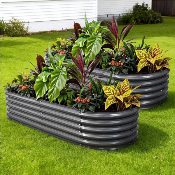 2x Green Fingers Raised Garden Bed 160X80X42cm Oval Planter Box Raised Container Galvanised 160X80X42cm X2