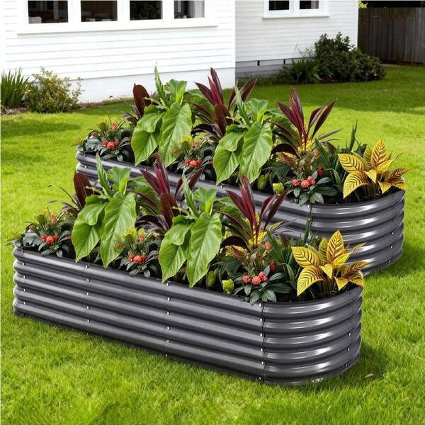 2x Green Fingers Raised Garden Bed 160X80X42cm Oval Planter Box Raised Container Galvanised 240X80X42cm X2
