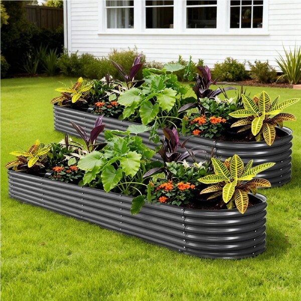 2x Green Fingers Raised Garden Bed 160X80X42cm Oval Planter Box Raised Container Galvanised 320X80X42cm X2